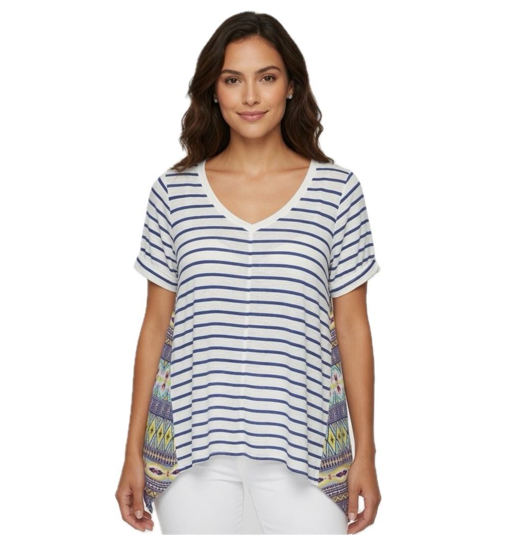 Potter's Pot Asymmetrical Aztec Striped Shark bite Hem Shirt Medium